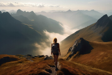 Captivating photo capturing a girl hiking in the serene morning mountains. Generative AI.