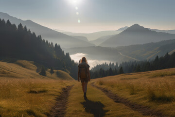 Obraz premium Captivating photo capturing a girl hiking in the serene morning mountains. Generative AI.