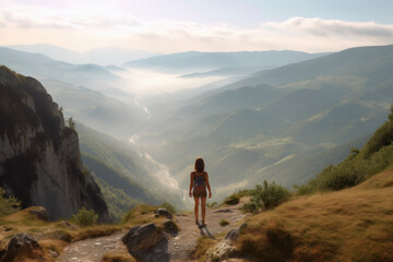 Fototapeta premium Captivating photo capturing a girl hiking in the serene morning mountains. Generative AI.