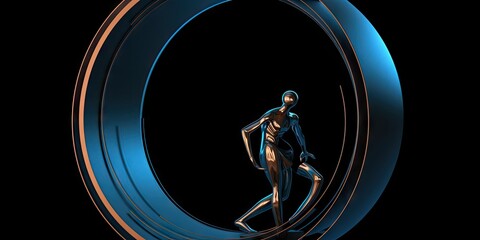 An Abstract Figure Crossing a Portal Wallpaper - Fashioned from Blue Ceramic and Hammered Copper, Depicting Minimalist Futurism on a Black Background - Backdrop created with Generative AI Technology