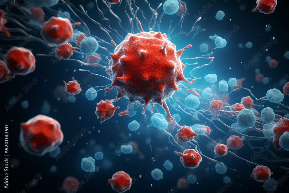 Poster depicting cancerous cells invading and attacking healthy brain tissue, showing the destructive natur