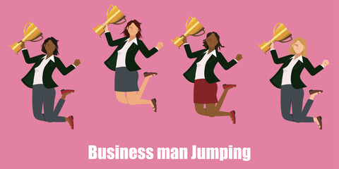 Fototapeta na wymiar ビジネススーツを着たトロフィー、優勝カップを持つ多民族の複数の女性のビジネスマンがジャンプするフラットイラストセット