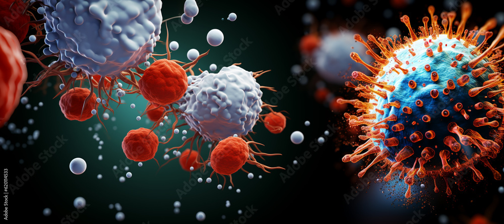 Poster Depicting cancerous cells invading and attacking healthy brain tissue, showing the destructive nature of brain cancer. Generative AI technology.