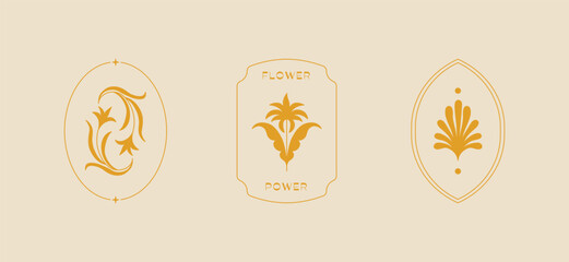 Vector set of logo design templates and graphic elements, organic cosmetic, floral illustration in simple linear hand drawn style, plants and flowers, natural products emblems © venimo