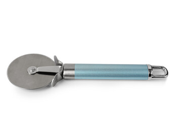 Steel pizza cutter on white background