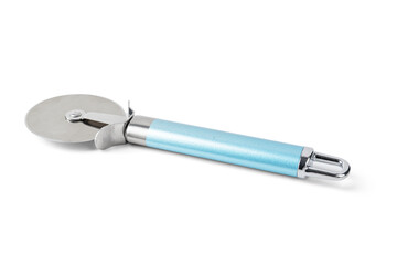 Steel pizza cutter on white background