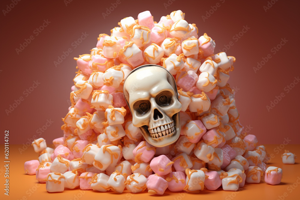 Poster skull with sugar cubes on a peach background. concept sweet kill or unhealthy diet. generative ai te