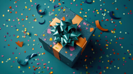 A gift box with golden bow and party confetti