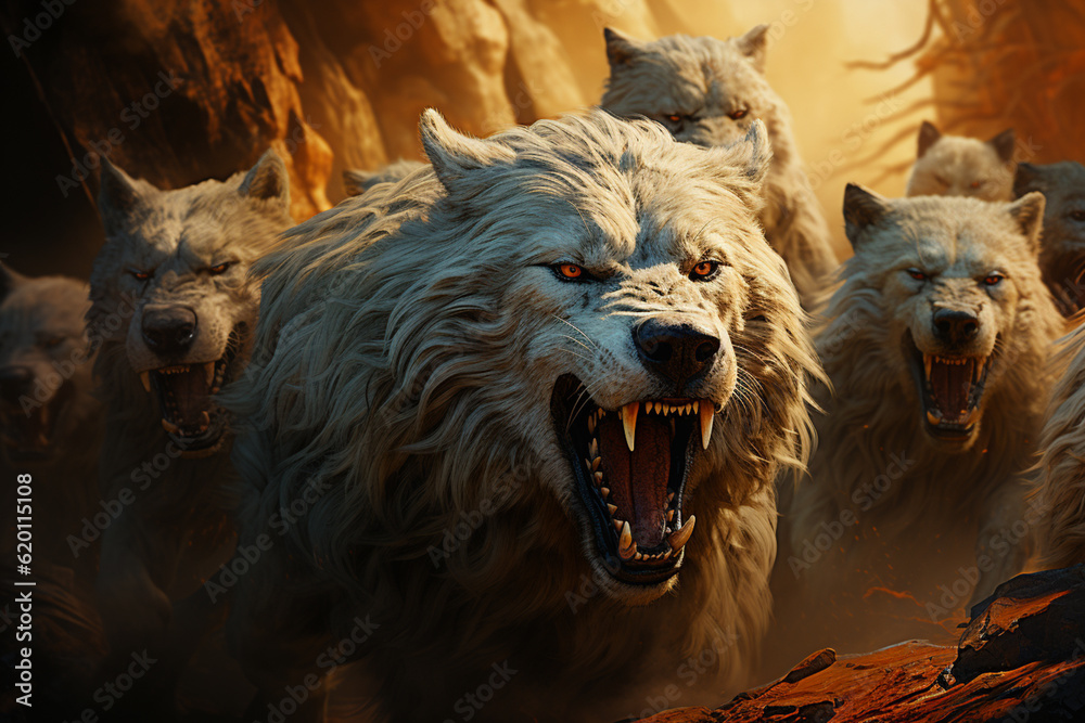 Aufkleber he playful interaction between a group of dire wolf, showcasing their social dynamics and vigilant n