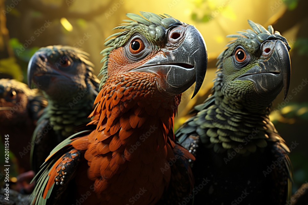 Poster He playful interaction between a group of Archaeopteryx, showcasing their social dynamics and vigilant nature. Generative AI technology.