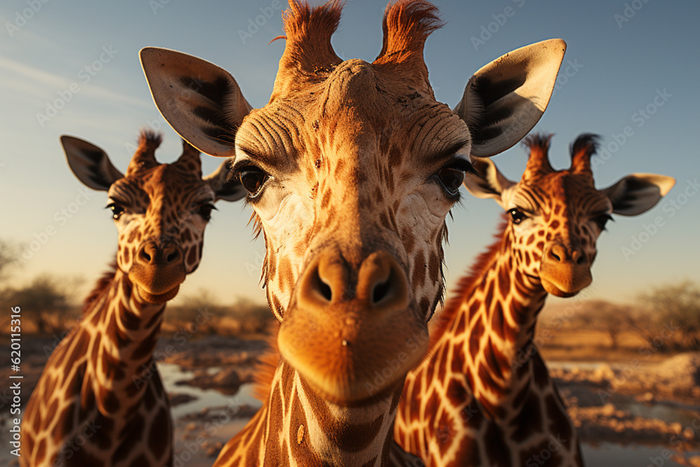 Aufkleber he playful interaction between a group of giraffe, showcasing their social dynamics and vigilant nat