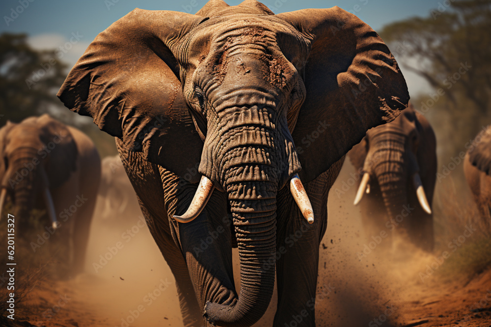 Aufkleber He playful interaction between a group of Elephant, showcasing their social dynamics and vigilant nature.  Generative AI technology.