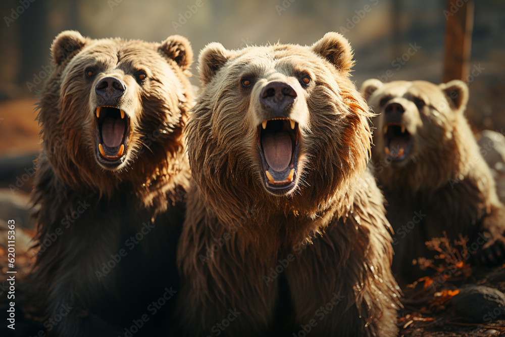 Poster He playful interaction between a group of Bear, showcasing their social dynamics and vigilant nature.  Generative AI technology.