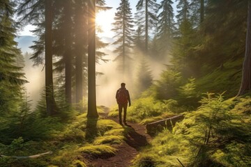 Fototapeta premium Captivating photo capturing a man hiking in the serene morning light of a beautiful deciduous forest. Generative AI.