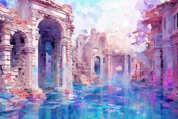 Greek Ruins Enveloped by Waterfalls Wallpaper - Set Against a Tricolor Pattern of Pink, Blue, and Purple on an Abstract White Background - Mushroomcore Glitch Art Created with Generative AI Technology