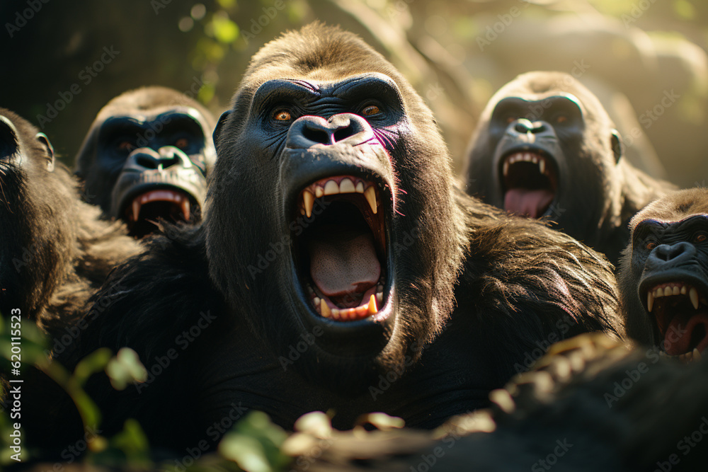 Poster playful interaction between a group of gorilla's, showcasing their social dynamics and vigilant natu
