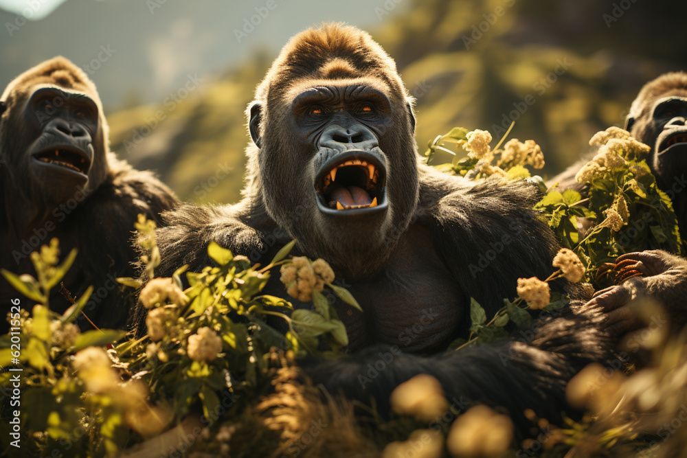Poster playful interaction between a group of gorilla's, showcasing their social dynamics and vigilant natu