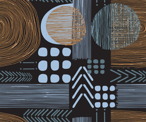 Modern trendy mid century abstract shapes monochrome seamless pattern. Geometric textured repeat pattern. Scandinavian abstraction. Nordic neutral print vector illustration for tile, rug, fashionable. © PATTERN_SPIRIT