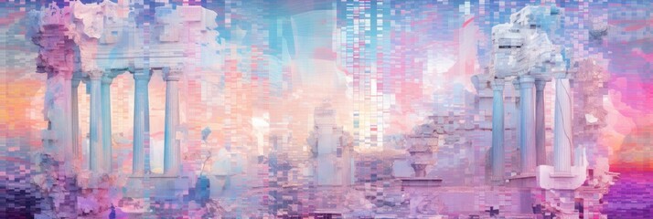 Fototapeta na wymiar Greek Ruins Enveloped by Waterfalls Wallpaper - Set Against a Tricolor Pattern of Pink, Blue, and Purple on an Abstract White Background - Mushroomcore Glitch Art Created with Generative AI Technology