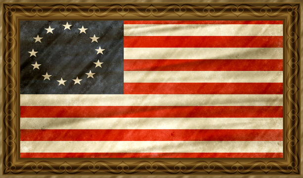 Betsy Ross Flag. Old American flag in decorative vintage frame. Historical flag of United States.