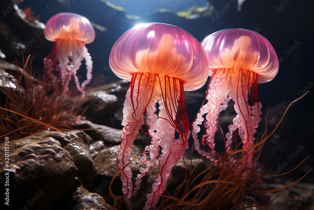 Poster Playful interaction between a group of Jellyfish, showcasing their social dynamics and vigilant nature.  Generative AI technology.