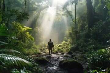 Fototapeta premium Captivating photo capturing a man hiking in the serene morning light of a beautiful deciduous forest. Generative AI.