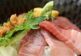 close up of delicious fresh ikura salmon egg, uni sea urchin, maguro tuna, sweetened egg and wasabi on top of japanese rice dong 