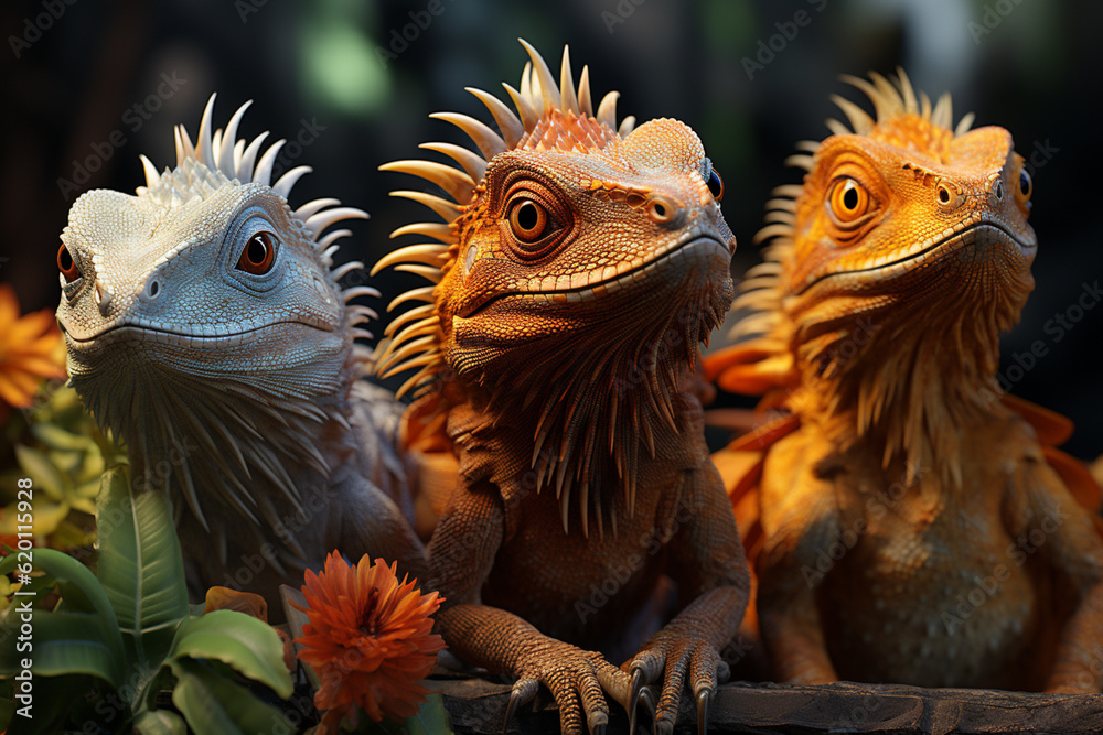 Aufkleber playful interaction between a group of lizard's, showcasing their social dynamics and vigilant natur