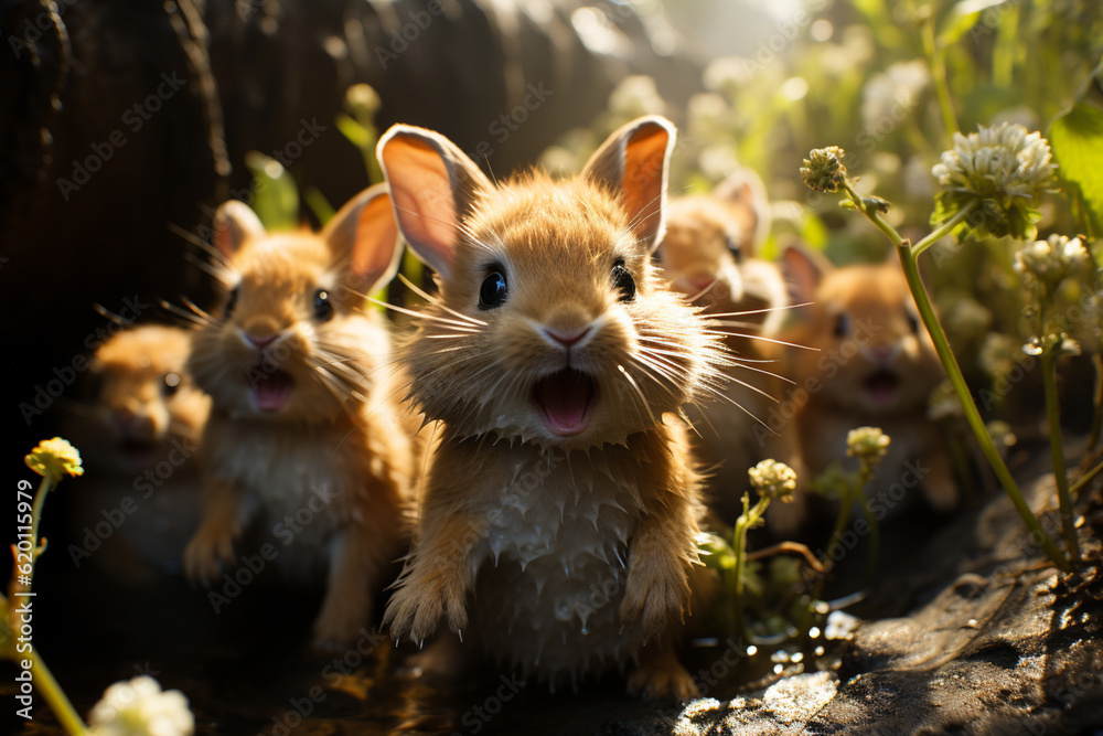 Poster Playful interaction between a group of Rabbit's, showcasing their social dynamics and vigilant nature.  Generative AI technology.
