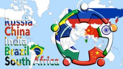 Russia, China, India, Brazil and South Africa, five stylized men embracing in a circle, with the flags of the countries, come together to form an economic group