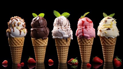 Summer food photography - Set of different ice cream in ice cream cone waffle, isolated on dark black background table  (Generative Ai)