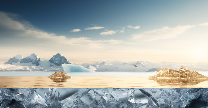 Selective focus.podium platform of ice or iceberg mountain landscap.product display table.stand abstract background.generative ai images