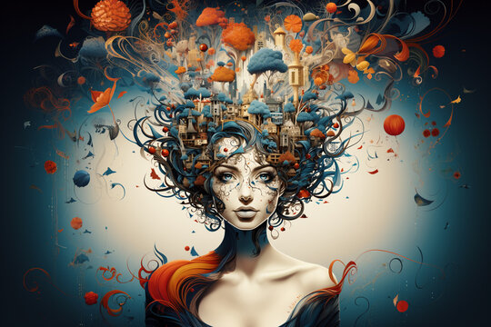 Woman with creative mind, exploding brain full of ideas and imagination, dreams and emotion, inner world and spirituality, generative AI