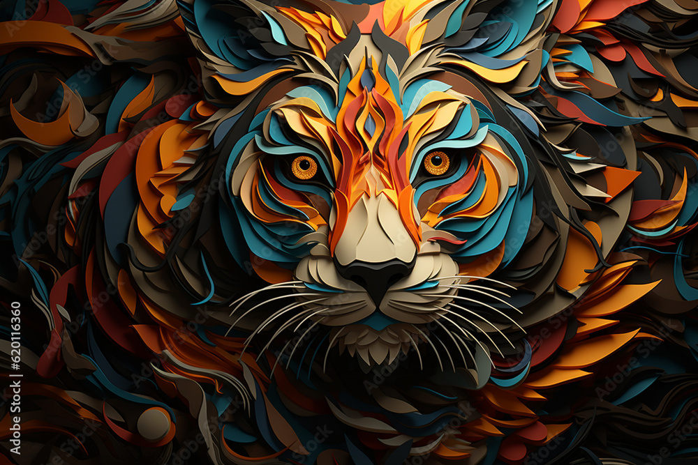 Aufkleber A complex, multi-layered pattern of interlocking shapes that resembles a Tiger.  Generative AI technology.