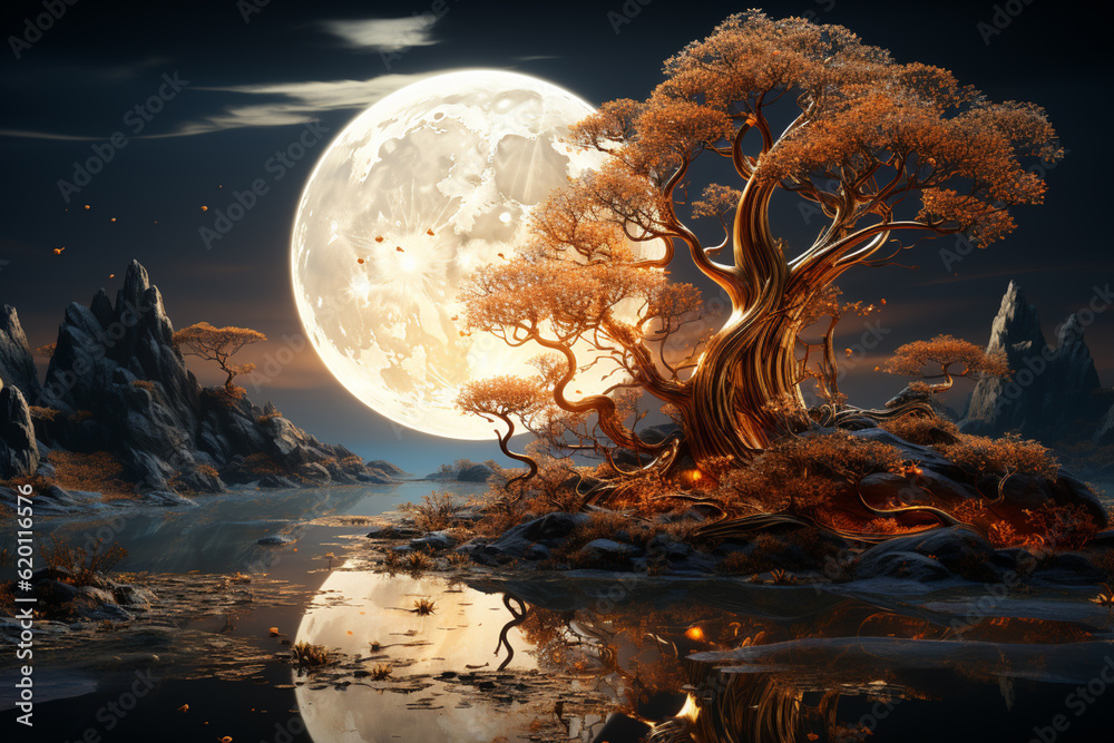 Aufkleber beautiful abstract golden tree and moon concept . generative ai technology.