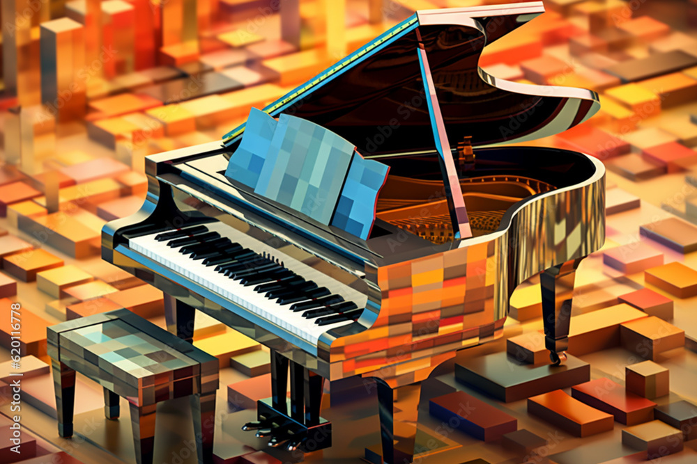 Poster An image showcases an abstract geometric style portrayal of a grand piano, where the piano's body and keys are depicted as a series of interlocking geometric forms. Generative AI technology