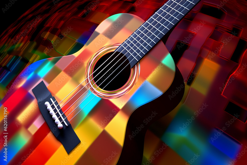 Fototapete an abstract geometric style rendering of a guitar, where the instrument's body and strings are composed of intersecting geometric shapes in bold, vibrant colors,. Generative AI technology
