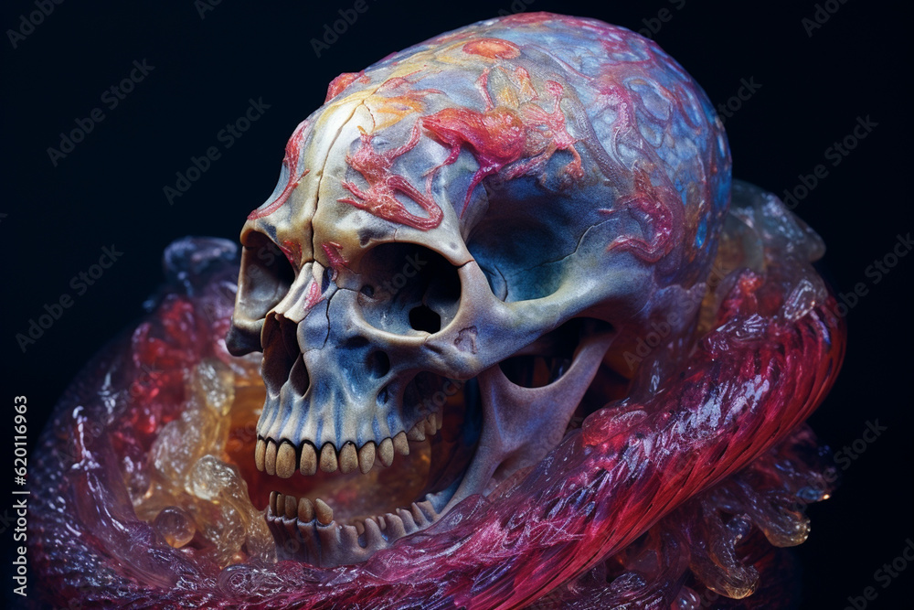 Aufkleber An image presents a hauntingly beautiful depiction of a snake skull enveloped in delicate and ethereal spiderwebs. Generative AI technology