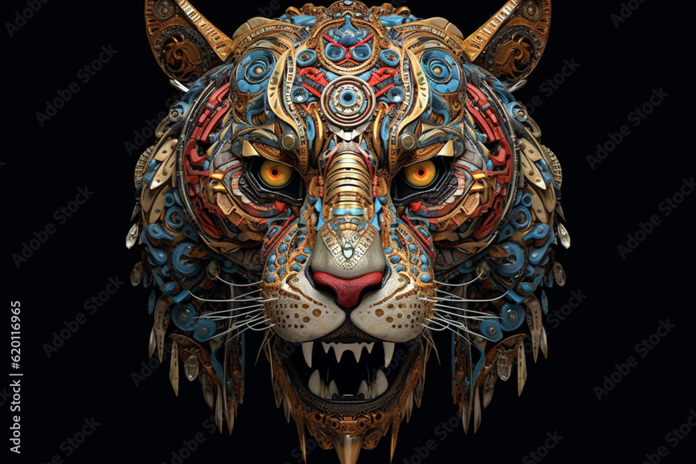 Poster an image showcases a tribal-inspired representation of a tiger skull, with bold patterns and intrica