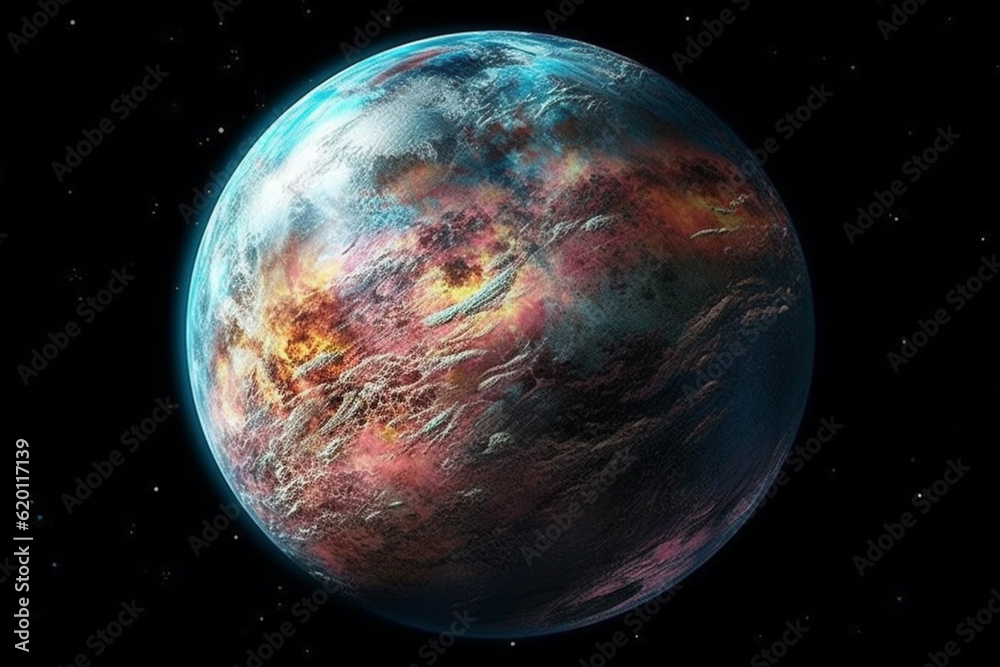 Poster a beautifully crafted and intricately designed planet, with geometric patterns and celestial motifs that reflect the wonder and awe of the cosmos. Generative AI technology