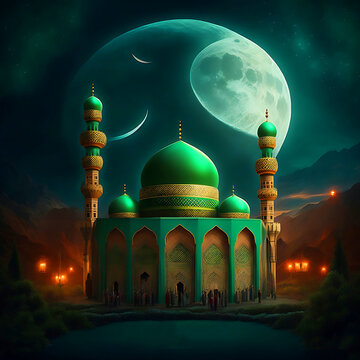 Green Mosque, Islamic Background, Generative AI
