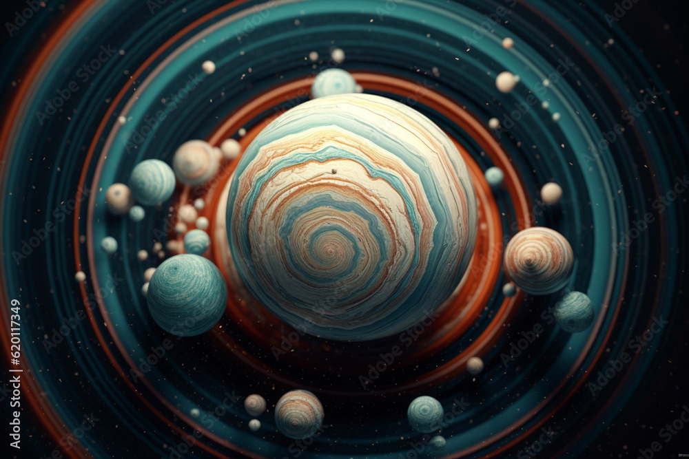 Poster an abstract uranus with swirling geometric patterns and soft pastel colors, evoking a sense of tranq