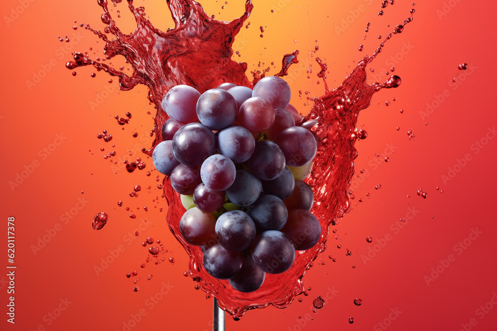 Poster an vibrant photograph cabernet sauvignon grape splashed in bright paint, contemporary background. ge