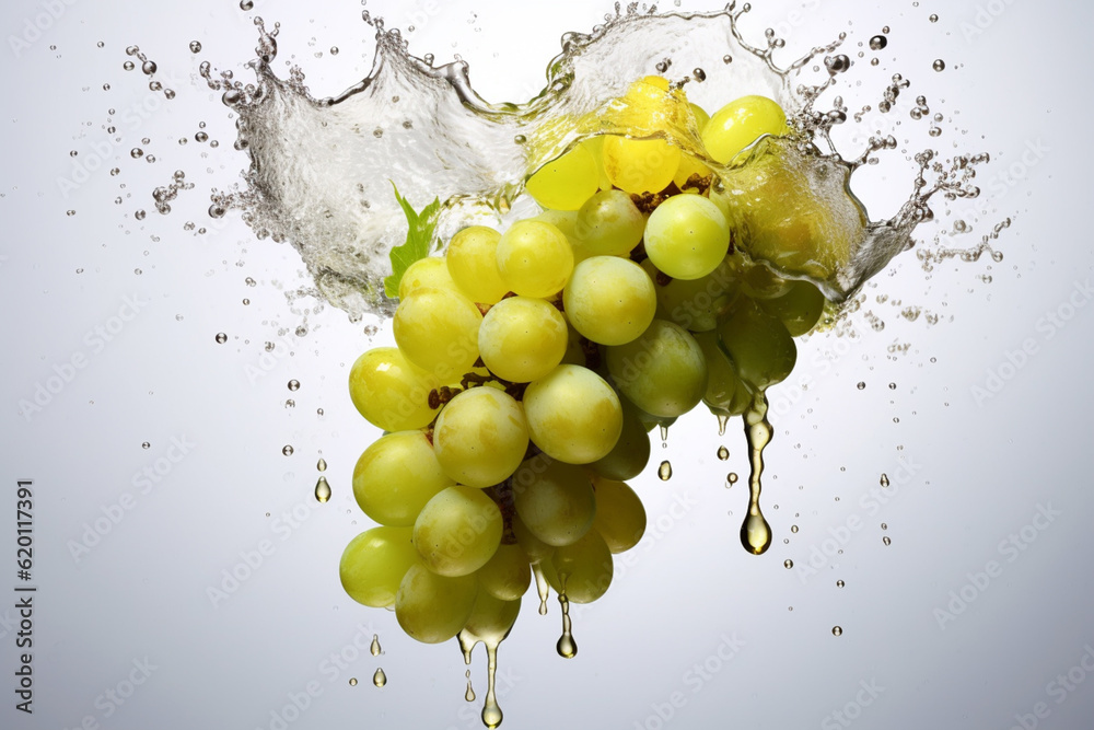 Poster an vibrant photograph sauvignon blanc grape splashed in bright paint, contemporary background. gener