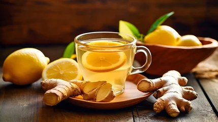 Gordijnen Ginger tea with lemon and honey on a wooden table © mandu77