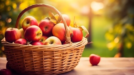 Ripe red apples in a wicker basket on a wooden table in the garden