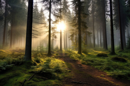 Deciduous forest in the soft morning light. Generative AI.