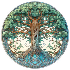 Tree of Life, Celtic tree ornament isolated with a transparent background, blue and green round design of tree created with Generative AI.