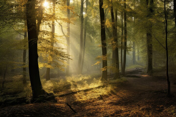 Fototapeta premium Deciduous forest in the soft morning light. Generative AI.