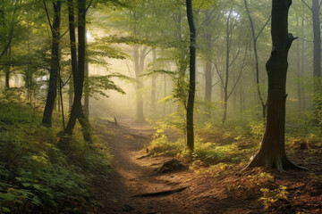 Deciduous forest in the soft morning light. Generative AI.